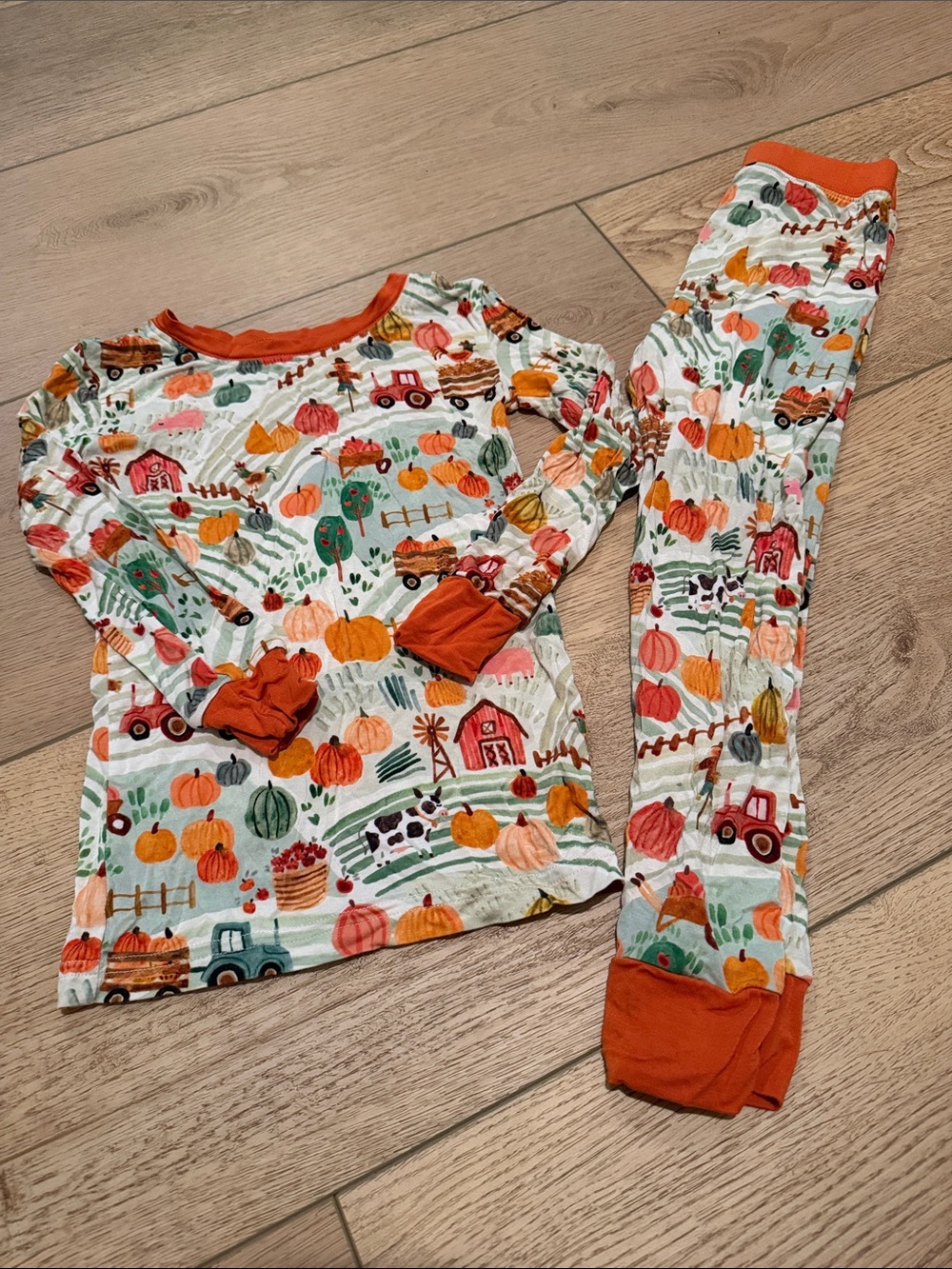 Kids Pumpkin Farm Print Pajama Set - Orange Trim. No flaws